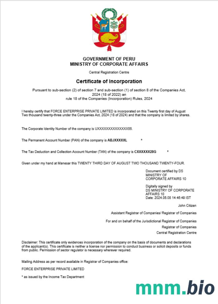 Peru business registration vcertyfikat Word i szablon PDF